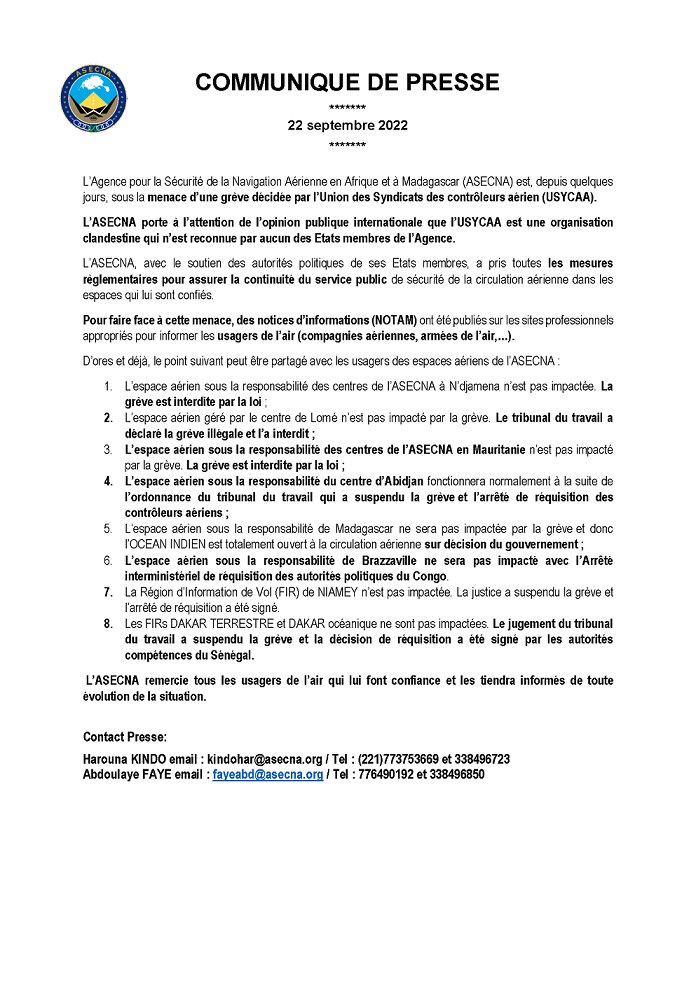 L'ASECNA a pris des mesures pour assurer la continuité du service public